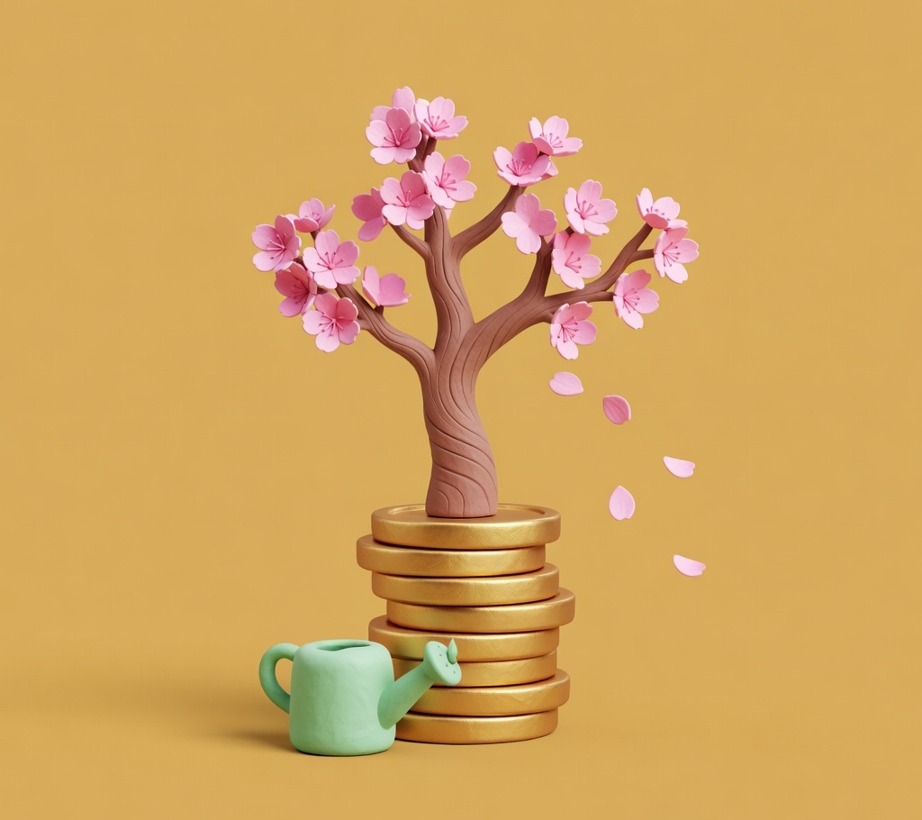 Spring blossoms growing from coins